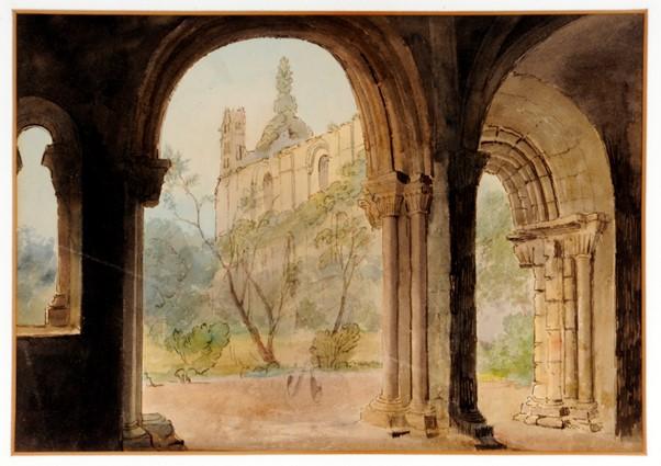 A painting from inside the twin archways of Kirkstall Abbey's Chapter House, glimpsing out into the Cloister, which is depicted as overgrown with trees. The north end of the nave can be seen in the distance.