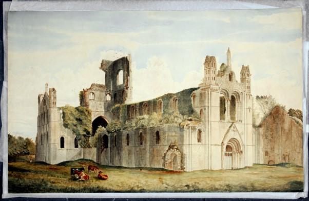 Monastic ruins of Kirkstall Abbey, with cows in foreground