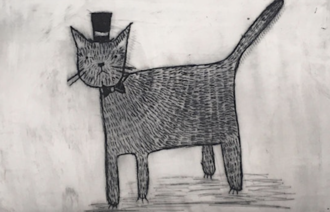 Image shows a black and white etched drawing of a cat with a top hat!