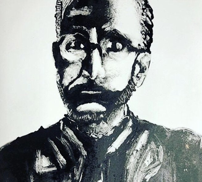 A printed portrait of a man in black ink