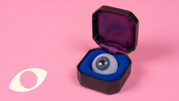An image of a glass eye inside an ornate box.bergh