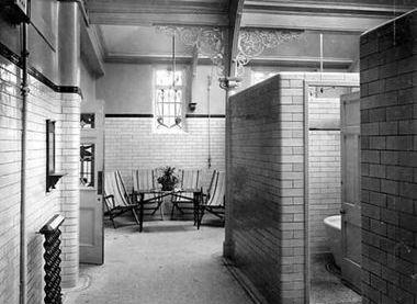 a black and white photograph of the original bath house