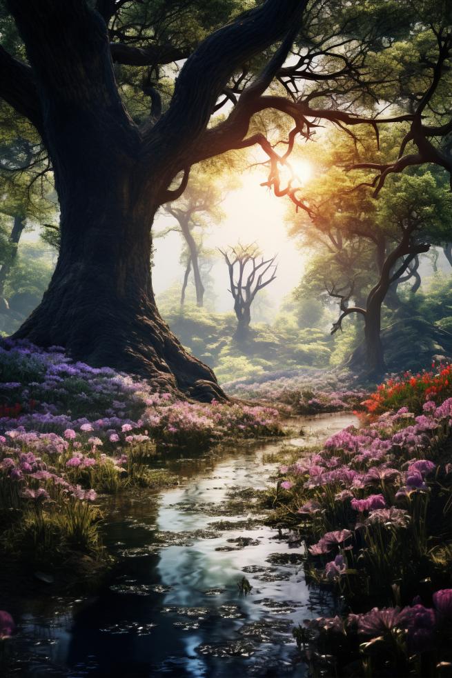 image of the sun shining through the branches of a tree in a beautiful forest with a floor of pink flowers.