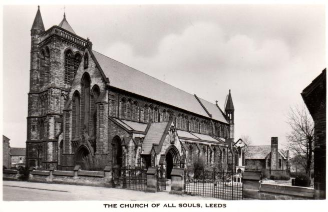 An old black and white postcard of All Souls Church
