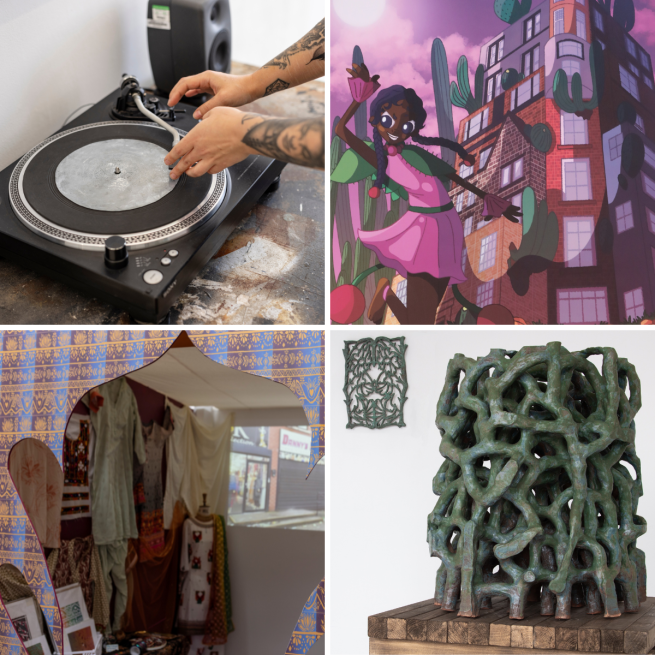 A vinyl on a turntable; clothes hung in a room; a green ceramic; a digital drawing of a person and building