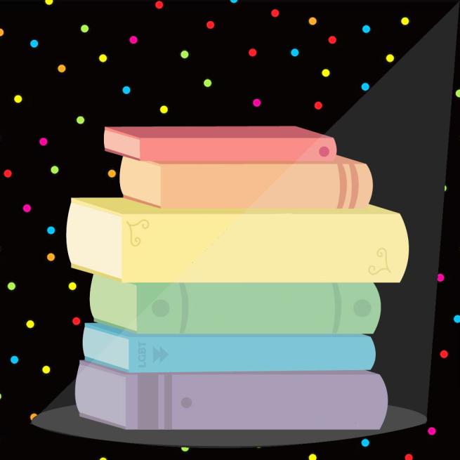 An illustration of a pile of books in rainbow colours