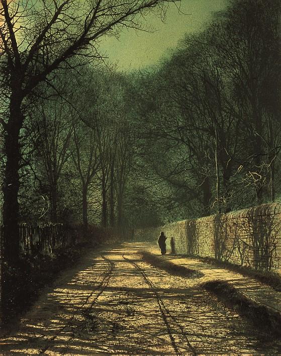 A painting of a lane with a high wall, surrounded by tall trees, the shadows of which are reflected on the pavement and road (artist: John Atkinson Grimshaw)