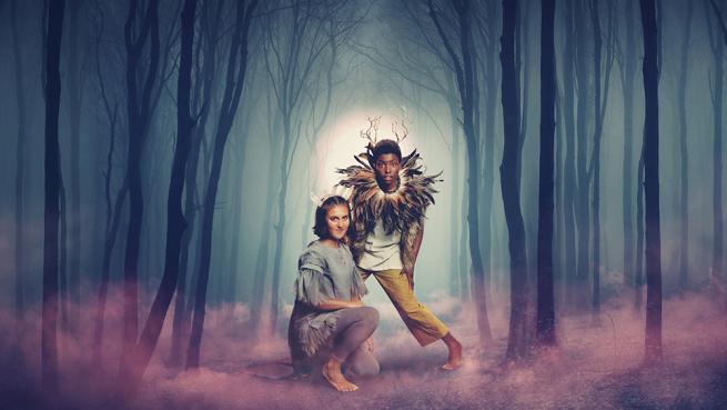 Two people dressed in whimsical costumes stand in a shady forest, surrounded by purple mist and a bright white light