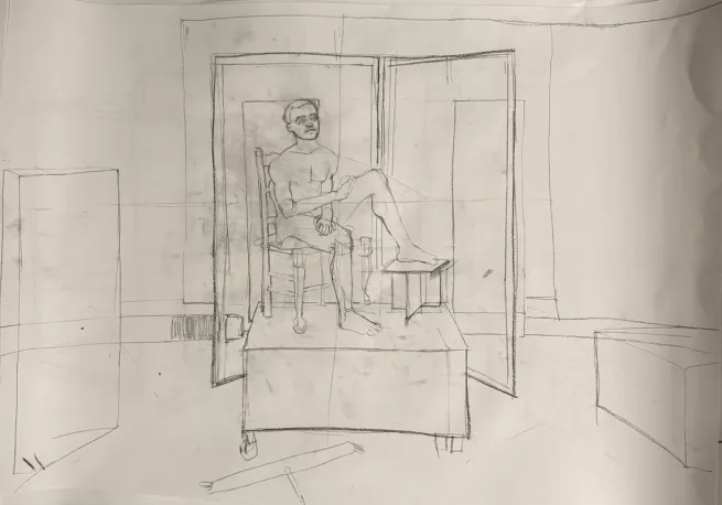 A pencil drawing using only lines and no shading to depict a life model sat on a chair with furniture and objects around him