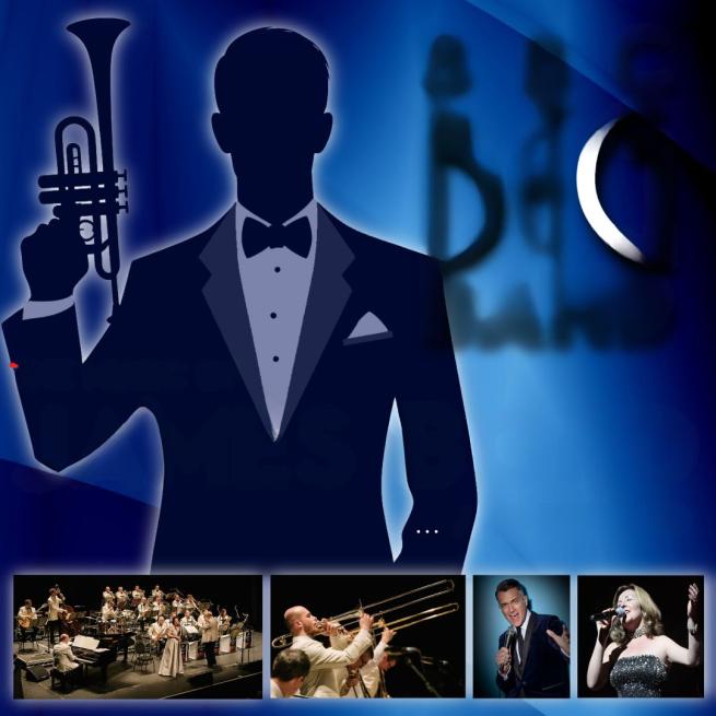 Silhouette illustration of someone in a tuxedo holing up a trumpet as if it's a gun. The graphic is accompanied with production shots from the show including an image of the whole band, the trombone section and two soloist singers.