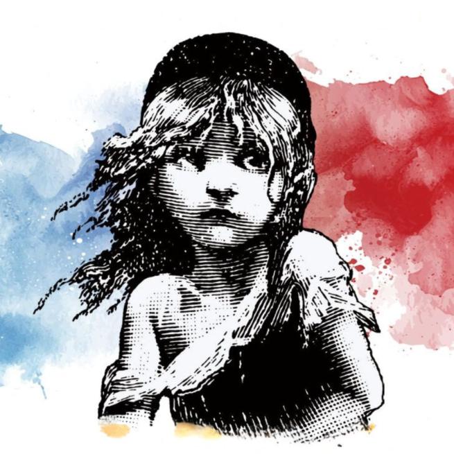 Iconic sketch of young Cosette wearing a black floppy hat that appeared on the original edition of the book. Behind her is one block of watercoloured blue paint on the left side and the on the right is the same in red.