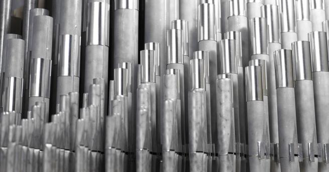 A photo of pipes from the Leeds Cathedral organ. 