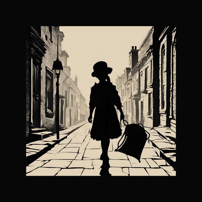 Silhouette of a Victorian girl walking down a paved street. 