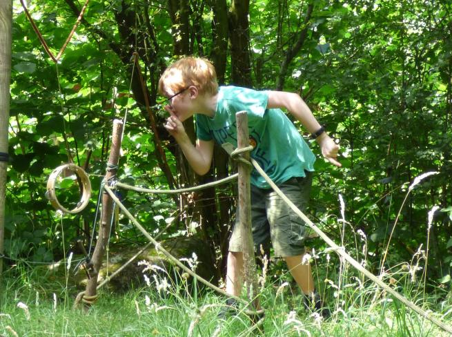 Photo of a boy in the woods wearing a green t-shirt. 