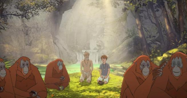 A boy and old man surrounded by orangutans in a forest.