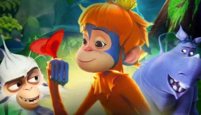 In animation style a young orangutan, flanked by a white-haired monkey and a Rhino, holds a butterfly.