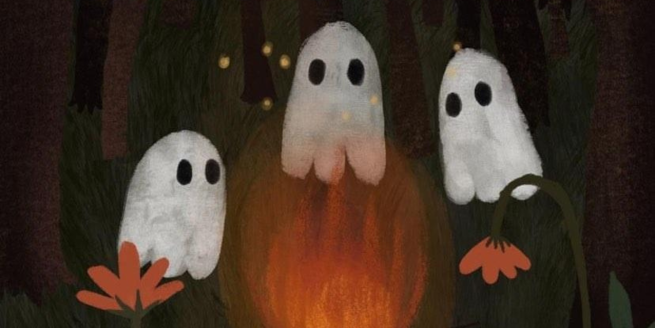 Illustration of three ghosts around a fire