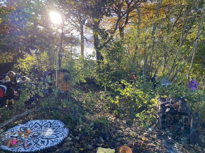 Autumnal light shining through the woodland trees under which families play. In the foreground is a round rug with an autumn craft activity set up.