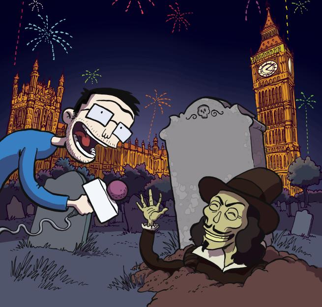 The corpse of Guy Fawkes being interviewed by author Adam Murphy,