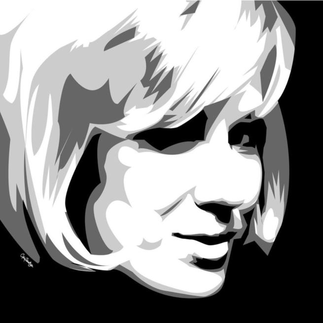 Black and white illustrated image of Dusty Springfield's head.