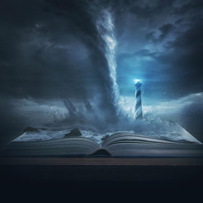 Lighthouse and storm emerging from the pages of a book. 