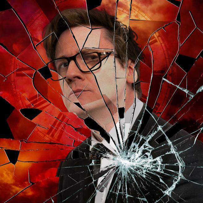 Ed Byrne is wearing glasses and a black suit. The background is a red sky with a clock faded behind. The image seems to be a smashed mirror with cracks spreading throughout.