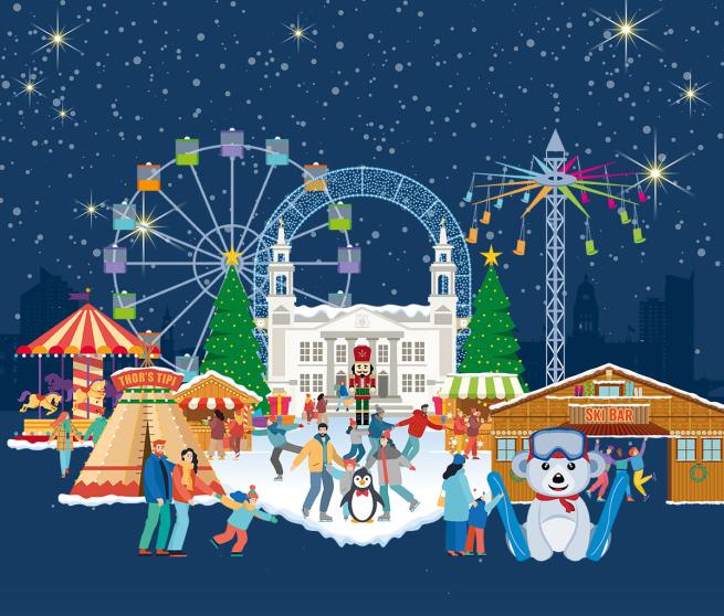 Festive winter scene with people skating, a big wheel, carousel, ski bar and market stalls. Snow-covered ground, illuminated trees, and a twinkling night sky contribute to the festive atmosphere.