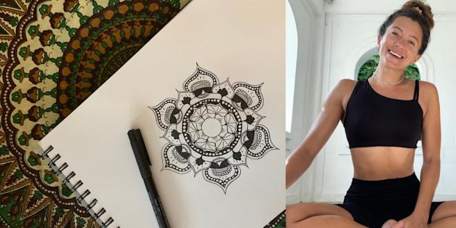 Yoga Teacher Katie Rawlings and a drawing of a Mandala