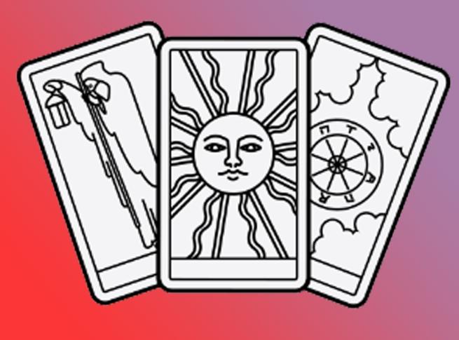 Three tarot card sketched against a red background