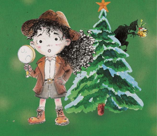 a cartoon image of a child with a magnifying glass, a christmas tree and a alleged thief