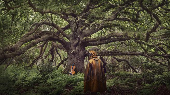 A person in front of an oak tree.