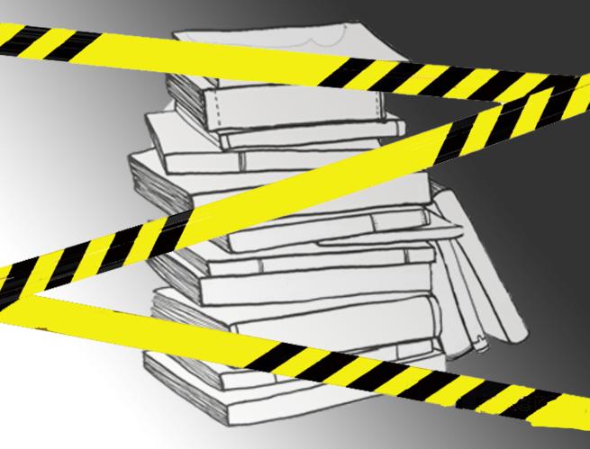 A sketch of a pile of books with caution tape in front