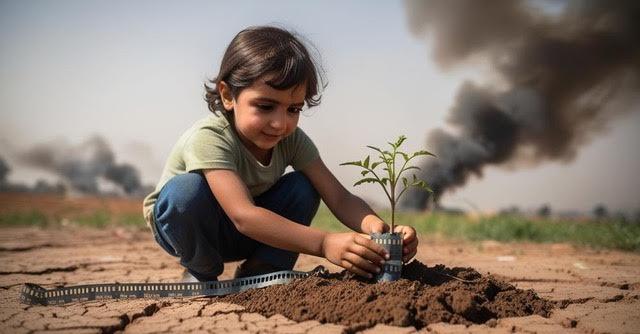 A child planting a seedling on a bomb site