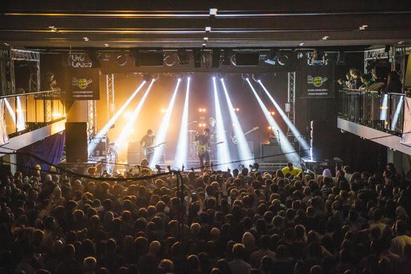 A floodlit stage