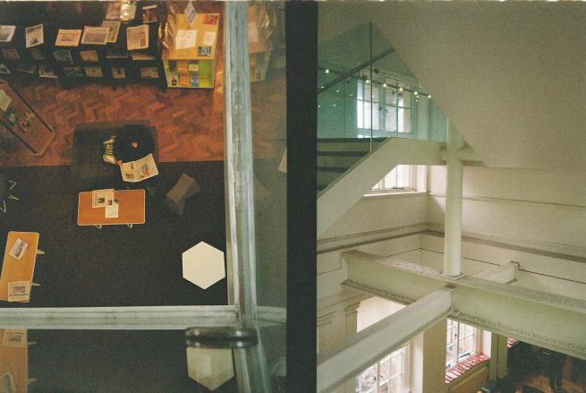 Two film photos side by side of Manchester Central Library, of the structural features