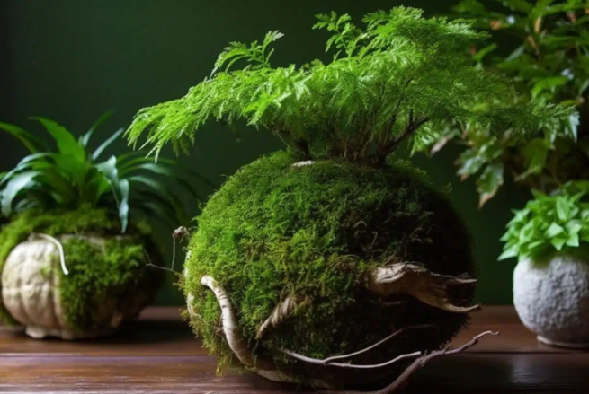 Kokedama on a table, a moss ball formed around the root system and soil of a plant, acting as a spherical and organically natural plant pot