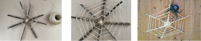 shows twigs arranged in a star shape wrapped in string to make a diy spiderweb 