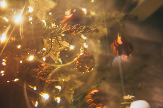 Soft focus image of tree decorations and lights 