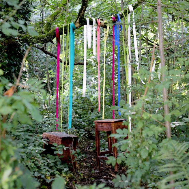 A woodland glade. In the centre is the bough of a tree draped with different coloured ribbons. There are two wooden footstools underneath the ribbons.