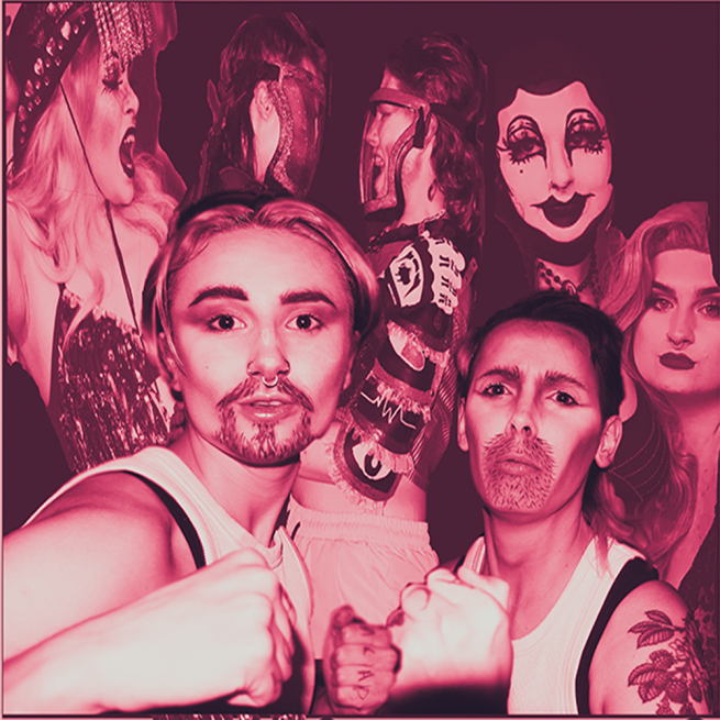 This is an image of the acts performing, made up of drag acts, the two in front are wearing moustaches and white tank tops