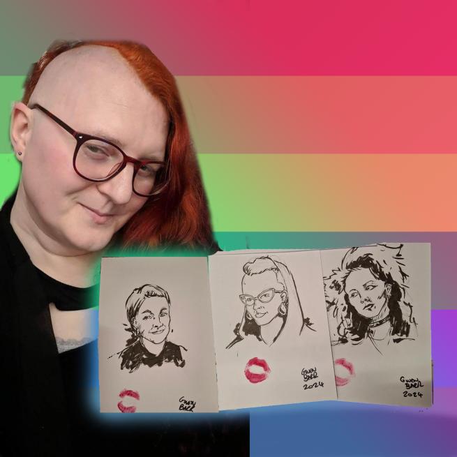 A photo of a white woman next to 3 ink portraits