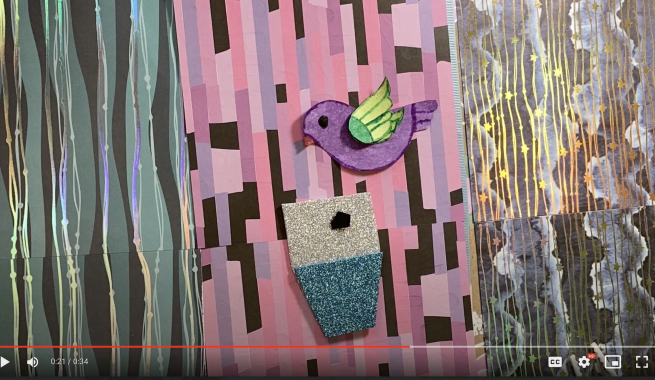 image from stop motion film created by participant cut out birds on patterned background. 