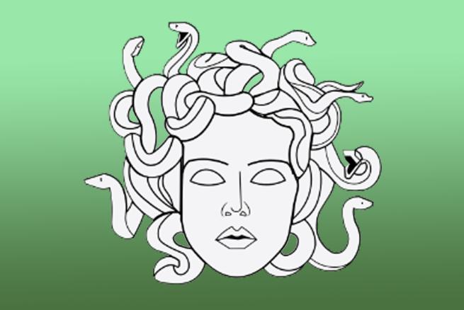 A green background with a white sketch of Medusa