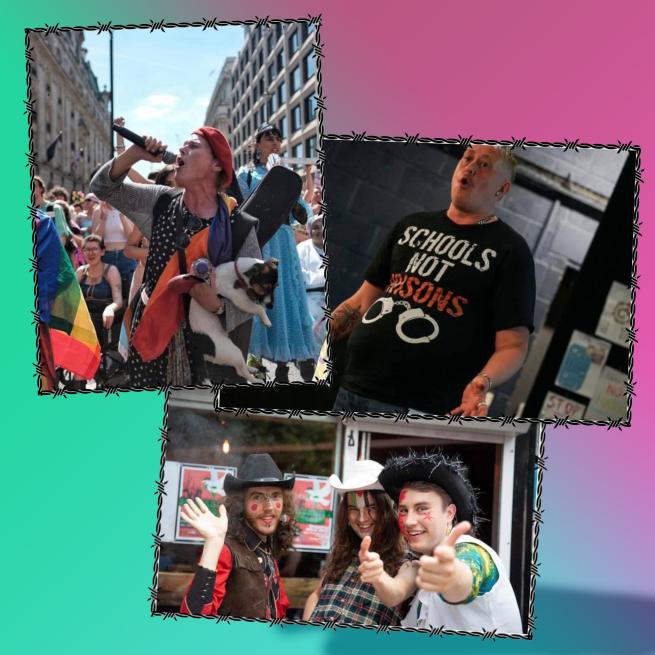 A  photograph of performers against a rainbow background