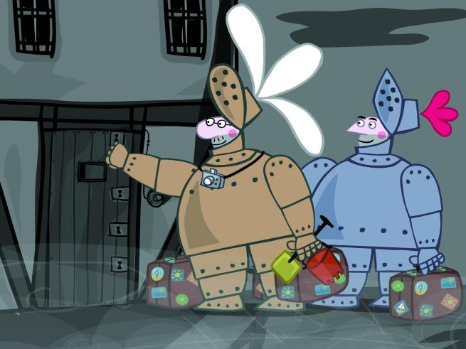 Two Knights in Armour knock at the door of an Inn, in 2D animation style.