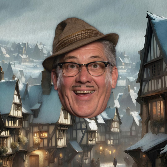 The head of Count Arthur Strong wearing a grey fedora and glasses with a snowy Victorian street in the background.