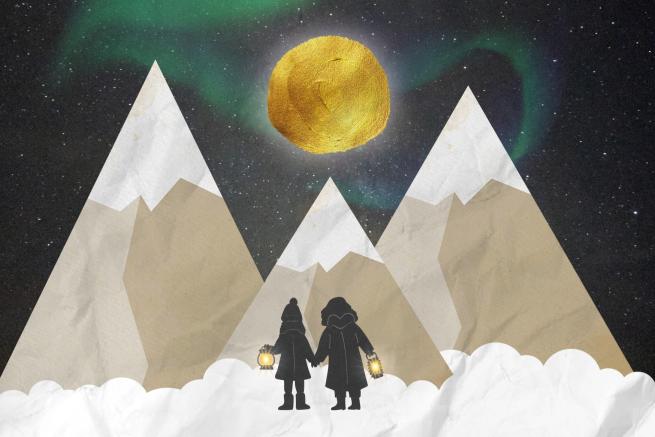 The silhouette of two children holding lanterns against a backdrop of three mountains at night. A large moon shines golden with a swirling bluey green aura borealis across the night sky.