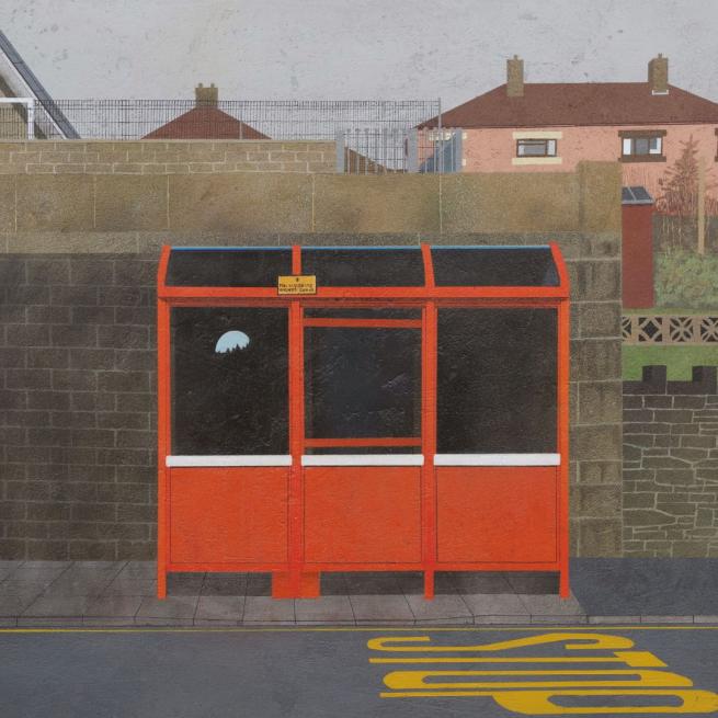 Image from Richard Dawson's album 'End of the Middle'. Illustration of a red bus stop shelter with a brick wall behind it and houses behind.