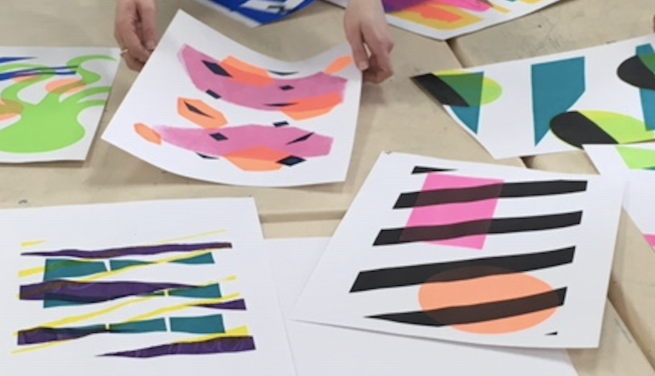 A selection of stencil screen prints featuring a range of abstract shapes in different colours