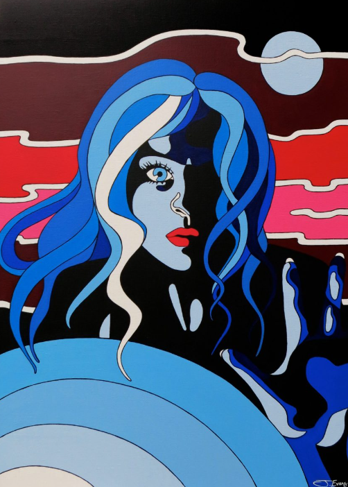 A pop art vibe, the background is wavy shades of red with a white moon. A blue woman sits in front of the background. There is arches of different shades of blue at the bottom of the picture.